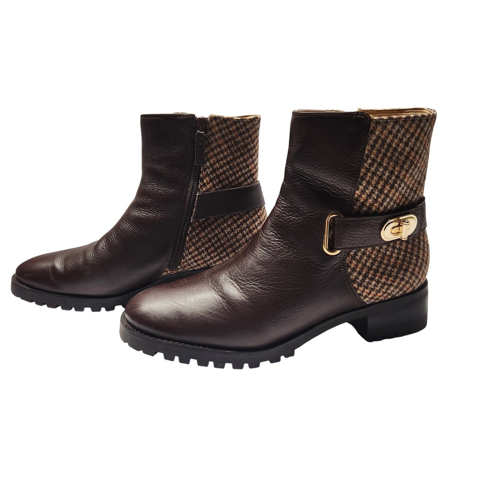 Talbots Tish Turnlock Dark Brown Leather Houndstooth Ankle Boots 8M 203041552-M